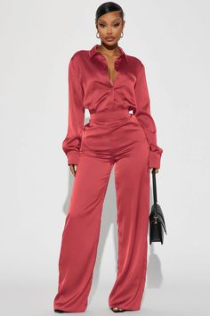 Makenzie Satin Pant Set - Marsala Chic Button-up Solid Pants, Over Size Shirt, Pink Suits Women, Satin Pant, Pant Suits For Women, Chocolate Fashion, Two Piece Pants Set, Satin Pants, Over Size