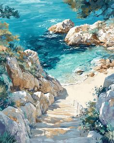 a painting of steps leading down to the beach with blue water and rocks in the background