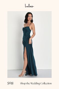 a woman in a long green dress with the words shop the wedding collection on it