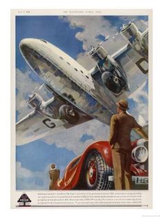 a painting of a man looking at an airplane in the sky with another person standing next to it