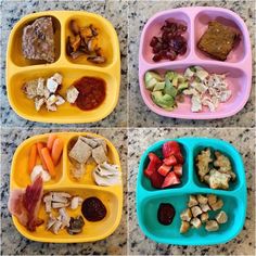 four plastic trays filled with different foods on top of a marble countertop next to each other