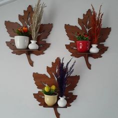 three wooden leaf shaped wall shelves with vases and plants in them on the wall