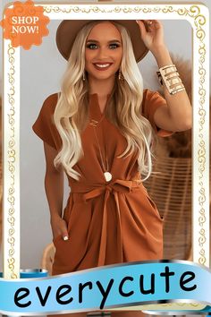 Brown Solid Tie Waist Short Sleeve High Waist Mini Dress Casual V-neck Belted Mini Dress, Solid Color Short Sleeve Mini Dress For Fall, Short Sleeve Solid Color Mini Dress For Fall, Chic Brown Mini Dress With Pockets, Casual Workwear Mini Dress With Tie Waist, Casual Mini Dress With Tie Waist For Work, Fall Mini Dress With Pockets And Short Sleeves, Belted Short Sleeve Mini Dress For Fall, Casual Brown Belted Midi Dress