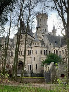 an old castle is surrounded by trees and grass