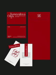 red and white stationery set with envelope, business cards, and letterheads