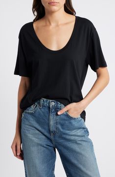 A relaxed scoop neck amplifies the casual ease of a go-to solid T-shirt in lightweight cotton jersey. Scoop neck Short sleeves 100% cotton Machine wash, tumble dry Imported Fabric Gift Bags, Nordstrom Store, Fabric Gifts, Free Fabric, Anniversary Sale, Black Fits, Cotton T Shirt, Cotton Tshirt, Scoop Neck