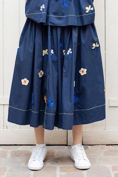 Blue skirt with floral cut-out applique motifs in a flowy silhouette. - Aza Fashions Women Skirts, Skirt Women, Blue Skirt, Flowy Skirt, Women Skirts Midi, Skirts Midi, Aza Fashion, Cut Out, Womens Skirt