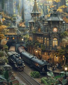 a train traveling through a forest filled with lots of trees and buildings next to a tall clock tower