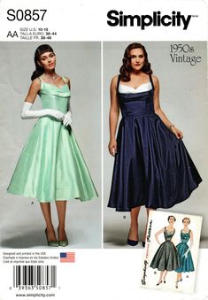 "Simplicity 1155 - Unused pattern. Pattern was also issued as Simplicity S0857. I have both pattern numbers and you might receive either number as they are the same. Never cut/totally complete/factory folded. Envelope in like new condition. This is a 1950's reissued pattern. This classic 1950s vintage dress pattern for both Misses and Plus size is perfect for any special occasion. Dress has option of contrast bodice inset. Back of dress has V-neckline with bow. Makes sizes: 10/12/14/16/18 (Multi Vintage Dresses For Retro-themed Spring Events, Retro Sleeveless Vintage Dress With Fitted Bodice, Retro Vintage Dress With Fitted Bodice For Formal Occasions, Retro Vintage Dress With Fitted Bodice, Retro Formal Vintage Dress With Fitted Bodice, Lined Vintage Dresses For Vintage Events, Vintage Ball Gown For Party, Retro Evening Dresses, Lined Retro Vintage Dress For Vintage Events