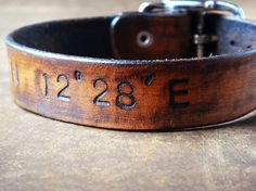 leather cuff Latitude And Longitude, Nail Bracelet, Stamped Bracelet, Love Of Your Life, Leather Stamps, Leather Projects, Orange Leather, Mens Leather, Leather Cuffs