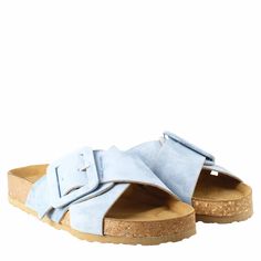 Women's sandals with double woven buckle

Light blue suede

Cork and rubber sole

Padded insole

Made in Italy

Composition:
 Upper: 100% Suede
 Lining: 100% Leather
 Bottom: Cork and rubber
 Insole: 100% Leather Summer Suede Sandals With Tang Buckle, Suede Slide Sandals With Buckle Closure, Suede Sandals With Tang Buckle And Round Toe, Suede Footbed Sandals With Tang Buckle And Round Toe, Spring Slip-on Footbed Sandals With Tang Buckle, Spring Suede Footbed Sandals With Buckle Closure, Suede Open Toe Footbed Sandals With Buckle Closure, Suede Sandals With Buckle Closure For Beach, Suede Slip-on Sandals With Buckle Closure