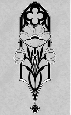 a black and white drawing of flowers on a gray background with an ornate design in the middle