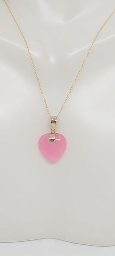 Heart PINK Jade 14k Solid Yellow Gold Charm / Pendant / Necklace 18 Inches 14k ROPE Yellow Gold Chain. Pink JADE Heart LOVER. Product Info: - Heart Stone: Jade. - Stone Color: Pink. - Heart Measures: 13x13mm Pink Jade (Small)                                - Pendant measures: 22x13mm - Metal: 14k - Chain Length: 18 Inches 14k ROPE Chain. - Nice Gift Box Included. Pink 14k Gold Jewelry With Heart Charm, 14k Gold Pink Jewelry With Heart Charm, Pink 14k Gold Pendant Necklace, Pink Heart-shaped 14k Gold Jewelry, Pink 14k Gold Heart Jewelry, Pink 14k Gold Necklace For Valentine's Day, Pink 14k Gold Heart Cut Jewelry, Pink Heart Cut 14k Gold Jewelry, Pink Jade