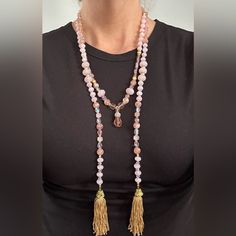 Pink Beaded Lariat Gold Tassel Necklace. Never Worn, No Marks Or Scratches Multi Shade Of Pink 68” Total Length Spiritual Pink Beaded Crystal Necklaces, Pink Bohemian Lariat Jewelry, Bohemian Pink Lariat Jewelry, Bohemian Pink Crystal Necklaces With Faceted Beads, Pink Bohemian Crystal Necklace With Gemstone Beads, Pink Gemstone Beads Necklace For Festival, Bohemian Pink Crystal Necklace With Gemstone Beads, Pink Bohemian Crystal Necklace With Faceted Beads, Bohemian Pink Crystal Necklace With Faceted Beads