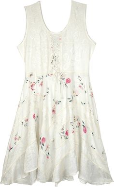 A graceful and elegant edition, this sleeveless dress has a beautiful look to it. With its sleeveless style, it has a smocked back and laces on the front. #tlb #Sleeveless #Embroidered #Lace #vacationclothing #Printed #SummerDress #westerndress Floral Panel Dress, Feminine Summer Mini Dress With Lace-up Back, Spring Mini Dress With Lace Back And Spaghetti Straps, Spring Mini Dress With Spaghetti Straps And Lace Back, Feminine Summer Dresses With Lace Back, White Sleeveless Dress With Smocked Back, Spring Sleeveless Dress With Lace-up Back, Feminine Beach Dress With Lace-up Back, Feminine Lace-up Back Beach Dress