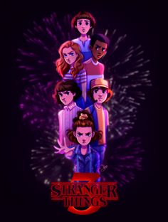 the character poster for the upcoming movie, strange things 3 is shown in front of fireworks