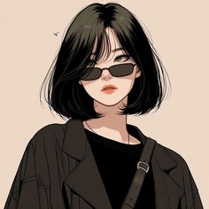 a drawing of a woman wearing sunglasses and a black shirt with her hair pulled back