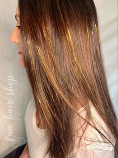 Gold Hair Tinsel Brunette, Glitter Hair Strands, Fairy Hair, Hair Tape, Honey Hair, Hair Crush, Pastel Hair