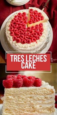 there is a white cake with raspberries on top and the words tress leches cake above it