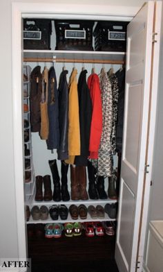 an organized closet with shoes and coats