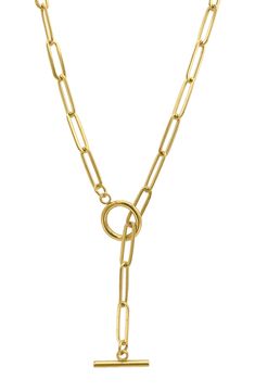 Show off contemporary style with this elegant water-resistant 14-karat gold plated paper-clip chain lariat necklace. 19" length Toggle closure This piece of jewelry is water-resistant and will not tarnish with water contact 14k-gold plate/stainless steel Imported Modern Gold Lariat Necklace With Adjustable Chain, Chic Toggle Necklace With Paperclip Chain As Gift, Chic Yellow Gold Toggle Necklace Gift, Gold Chic Toggle Necklace With Paperclip Chain, Gold Toggle Necklace With Paperclip Chain, Chic Gold Toggle Necklace With Paperclip Chain, Yellow Gold Toggle Necklace With Paperclip Chain, Minimalist Gold Plated Toggle Necklace, Chic Gold Lariat Necklace With Gold Chain