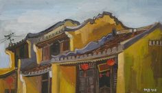 an oil painting of yellow buildings with red lanterns