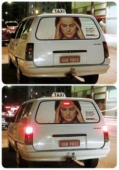 two pictures of the back and side of a taxi with a woman's face on it