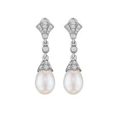 Pearl and Diamond Deco Drop Earrings in 18K White Gold Art Deco Pearl Earrings, Luxury Pearl Jewelry, Wedding Earrings Diamond, Diamond Pearl Earrings, Earrings Pearl Drop, Expensive Jewelry Luxury, White Pearl Earring, Diamond Collection, Luxury Earrings