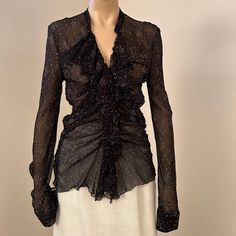 Obo - Ruffle Embellishment - Long Sleeve With Mock Neck - Black - Vintage - 100% Silk - 9 Front Hidden Button Closure - Material Is See-Through Approximate Measurements; Armpit To Armpit: 15½ - 16 Inches Elegant Ruffled Tops For Party, Elegant Party Tops With Ruffles, Elegant Fall Blouse For Cocktail Occasions, Elegant Fall Blouse For Cocktail, Designer Fitted Blouse For Night Out, Designer Fall Party Tops, Designer Party Tops For Fall, Elegant Fall Cocktail Blouse, Designer Spring Party Blouse