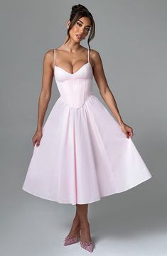 Make an entrance in Mariella, the blush party midi of your dreams this season. Super feminine and chic, this dress is truly an icon with a structured, corseted bodice that's boned to cinch your waist and contrasted by a full, voluminous skirt. A Line Party Dress Midi, Midi Dress Blush, Pink Corset Top Dress, White Corset Midi Dress, Prom Dresses Princess Style, Corset Dress Pink, Librarian Clothes, Casual Pink Dress, Engagement Dress Ideas