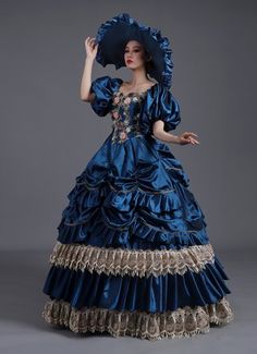 High-end Blue And Yellow Flower Baroque Dress Civil War Ball Gown Reenactment Theatre Costume Baroque Dresses, Masquerade Party Dresses, Gothic Victorian Dresses, Southern Belle Dress, Baroque Dress, Rococo Dress, Hoop Skirt, Party Dresses Online, Belle Dress