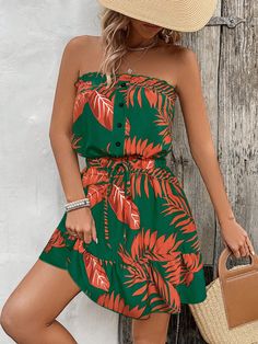 Women Colorful Plant Print Strapless Gathering Waist Dress Orange Boho  Sleeveless Woven Fabric Tropical,Plants,All Over Print A Line Non-Stretch  Women Clothing, size features are:Bust: ,Length: ,Sleeve Length: Colorful Plant, Dress Orange, Plant Print, Arte Popular, Halterneck Dress, Dress For Short Women, Kids Sleepwear, Waist Dress, Tropical Plants