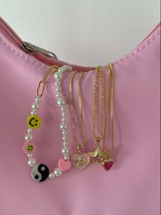 Cute Heart Charm Jewelry For Parties, Cute Party Jewelry With Heart Charm, Cute Heart Charm Party Jewelry, Pink Charm Necklace For Everyday, Pink Charm Necklaces For Everyday Wear, Cute Gold Dangle Necklaces, Cute Necklaces For Mother's Day Party, Cute Gold Dangle Jewelry, Cute Pink Jewelry As A Gift For Her