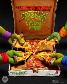 the teenage mutant ninja pizzas are coming out of their box and ready to be eaten