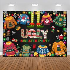 an ugly sweater party backdrop on a wooden floor