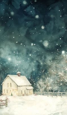 a painting of a snowy night with a house in the foreground and snow falling on the ground