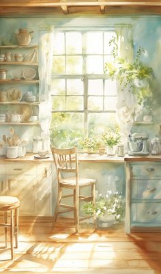 a painting of a kitchen with sun shining through the window and flowers on the counter