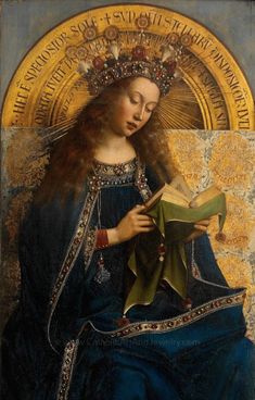 an ornate painting with a woman holding a book and wearing a crown on her head