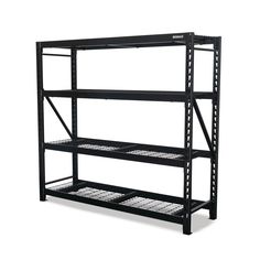 Kobalt's 4-tier rack features welded uprights and beams with a weight capacity of 1, 500-lb per shelf, when evenly distributed. This industrial-style rack measures 72H x 77W x 24D. Welded joints provide great stability, with additional safety provided by welded feet on each upright to bolt the unit to the floor. Wall-mount brackets are also included to keep the unit from tipping forward. For use in most areas including your garage, shop, storage unit, basement, restaurant, or small warehouse. Kobalt Steel Heavy Duty 4-Tier Utility Shelving Unit (77-in W x 24-in D x 72-in H), Black, (1500-lb Capacity Per Shelf) | 52238 Lobby Ideas, Degree Wall, Small Warehouse, Black Industrial, Shelving Units, Wall Mount Bracket, Wire Shelving, Storage Unit, Shelving Unit