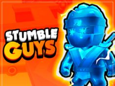 an animated image of a blue man holding a baseball bat and wearing a helmet with the words stumble guys on it