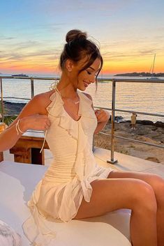 Halter Neck Ruffle Mini Dress Formal Mini Dress Aesthetic, Halter Mini Dress Outfit, Halter Neck Ruffle Dress, Summer Dresses Strapless, Classy Mini Dress Outfit, Casual Mini Dresses, Classy Birthday Outfit Dresses, Formal Mini Dress Classy, White Summer Dress Aesthetic