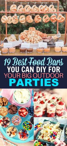 an outdoor party with donuts and desserts on the table, and text overlaying that reads 19 best food bars you can diy for your big outdoor parties