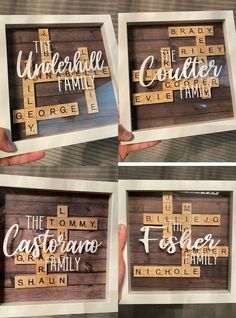 the family name scrabbles are displayed in three different frames