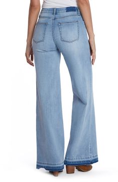 Released hems add a trend-right detail to these vintage-inspired, full-length, wide-leg jeans made with a hint of comfy stretch. 32" inseam; 23 1/2" leg opening; 10 1/2" front rise Zip fly with button closure Five-pocket style 66% cotton, 22% REPREVE® recycled polyester, 8% polyester, 3% rayon, 1% spandex REPREVE recycled polyester is made from 100% post-consumer recycled plastic bottles Machine wash, tumble dry Imported Non-stretch Light Wash Flare Jeans With Five Pockets, High Rise Cotton Wide Leg Pants With Frayed Hem, Light Indigo Wide Leg Jeans, Spring Medium Wash Full-length Flare Jeans, Casual Wide-leg Flare Jeans With Frayed Hem, Relaxed Fit Washed Flare Jeans, Washed Wide Leg Flare Jeans In Cotton, Washed Blue Wide Leg Denim Flare Jeans, Wide Leg Washed Blue Denim Flare Jeans