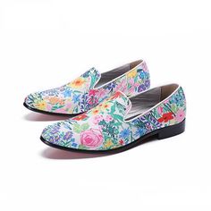 Men's Printed Flowers Leather Slip-on Party Wedding Casual Shoes Big Size 38-46  -  GeraldBlack.com Italian Shoes For Men, Men's Wedding Shoes, Shoes Formal, Wedding Flats, Leather Loafer Shoes, Casual Leather Shoes, Leather Moccasins, Leather Dress Shoes, Men Loafers