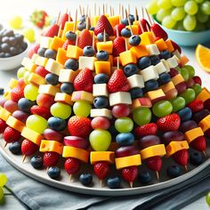 fruit skewers are arranged in the shape of a pyramid on a platter