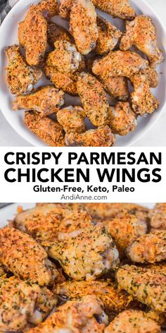 crispy parmesan chicken wings in a white bowl with the words, crispy parmesan chicken wings