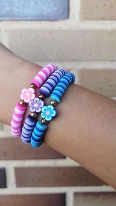 Pink Purple And Blue Clay Bead Bracelets, Fimo Bracelet Ideas, Easy Clay Bead Bracelet Ideas, Pretty Clay Bead Bracelet Ideas, Clay Bead Ideas Bracelet, Matching Friendship Bracelets Beaded, Clay Bead Friendship Bracelets, Aesthetic Clay Bead Bracelets, Preppy And Aesthetic