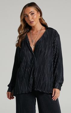 Beca Plisse Button Up Shirt in Black | Showpo Trendy Collared Tops For Party, Chic Shirt For Night Out In Fall, Chic Fall Shirt For Night Out, Trendy Shirt For Night Out In Fall, Trendy Collared Blouse For Night Out, V-neck Shirt With Button Closure For Night Out, Trendy Button-up Tops For Night Out, Long Sleeve Tops With Buttons For Night Out, Elegant Button-up Top For Night Out