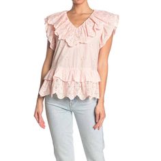 Flirty Ruffles Trim This Fresh Eyelet Blouse That Is Sure To Get Compliments Everywhere. Fit: This Style Fits True To Size. Fiber Content100% Cottonmaterials100% Cottoncaredry Clean Onlyadditional Info- V-Neck - Short Flutter Sleeves - Slips On Over Head - Eyelet Construction - Ruffle Trim - Approx. 26" Length - Imported Spring V-neck Peplum Top With Ruffle Hem, Feminine V-neck Top With Ruffle Hem, Spring Brunch Tops With Ruffled Collar, Spring Ruffled Collar Top For Brunch, Spring Flutter Sleeve Blouse, Trendy Spring Blouse With Ruffles, Spring Peplum Blouse With Ruffles, Feminine Pink Peplum Blouse, Spring Day Out Blouse With Ruffles